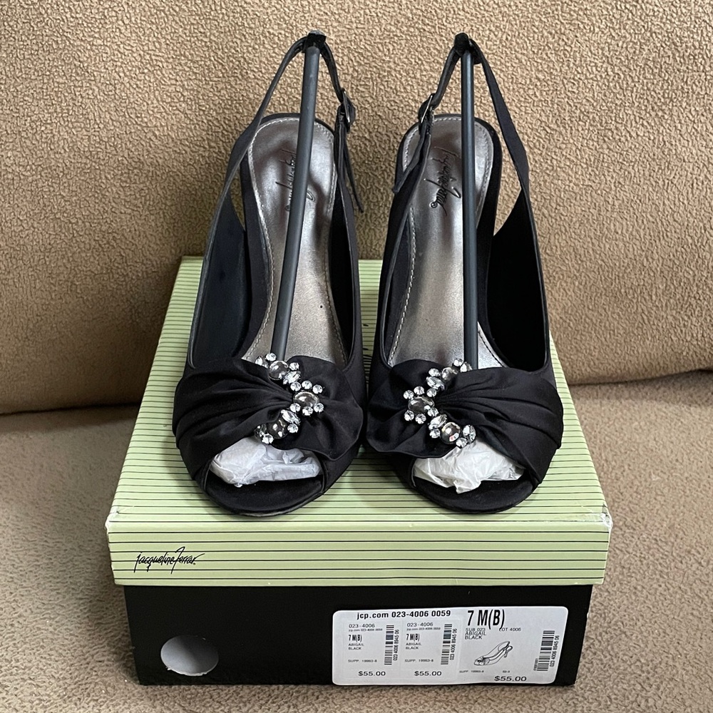 Jacqueline Ferrar Black Satin Slingback Heels With Rhinestone Bow, Never Worn,